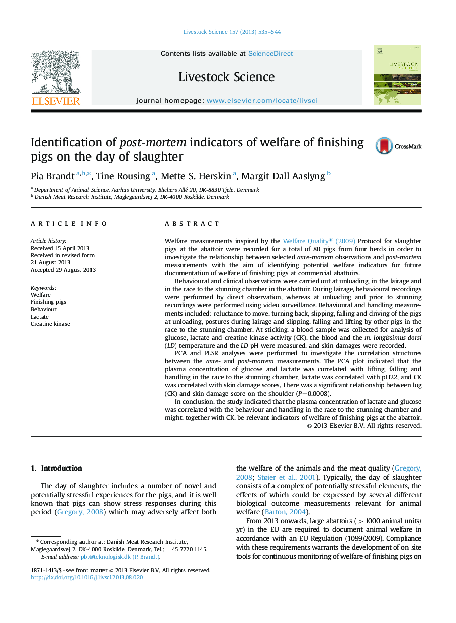 Identification of post-mortem indicators of welfare of finishing pigs on the day of slaughter