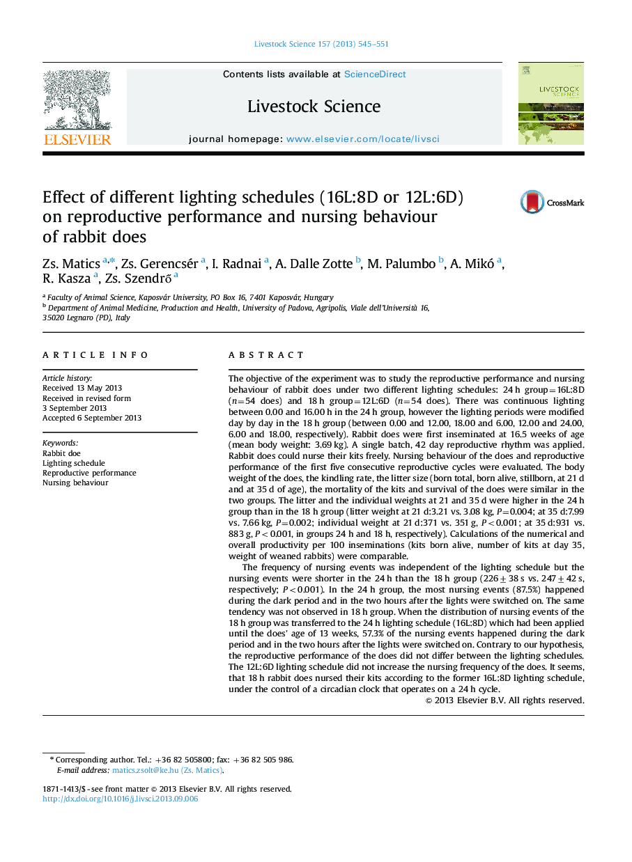 Effect of different lighting schedules (16L:8D or 12L:6D) on reproductive performance and nursing behaviour of rabbit does