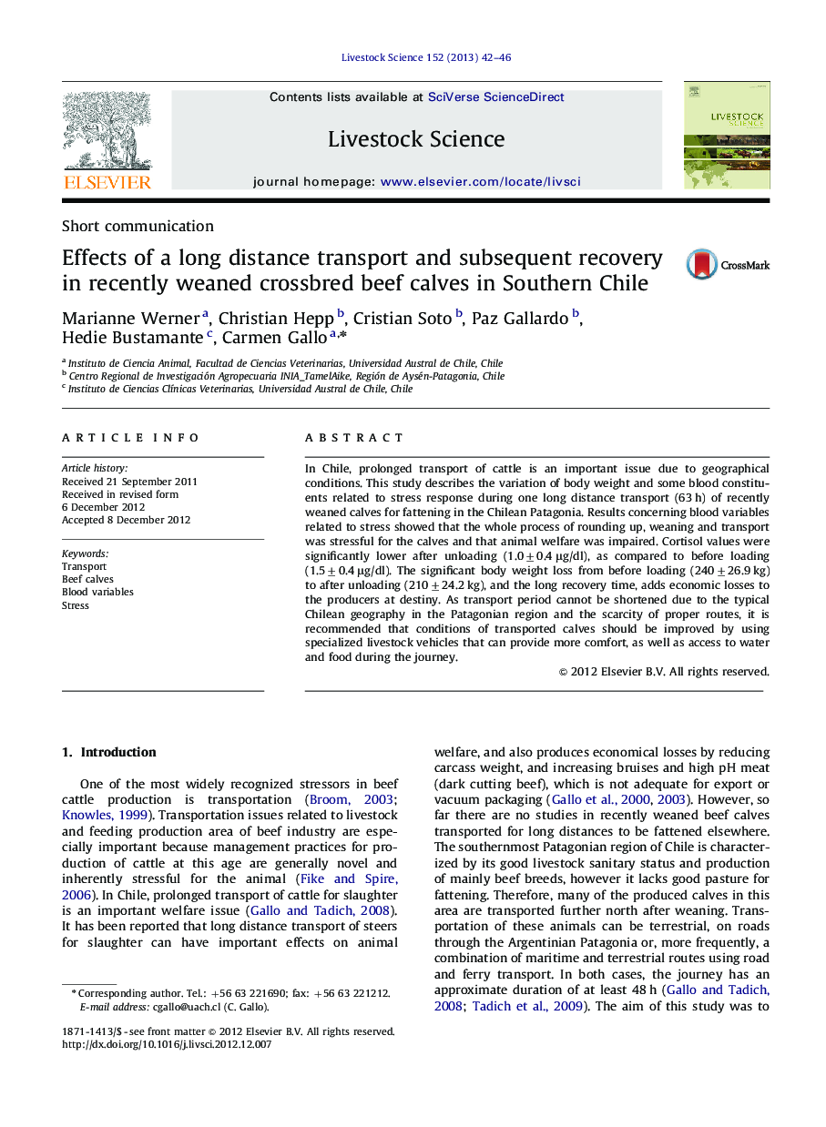 Effects of a long distance transport and subsequent recovery in recently weaned crossbred beef calves in Southern Chile
