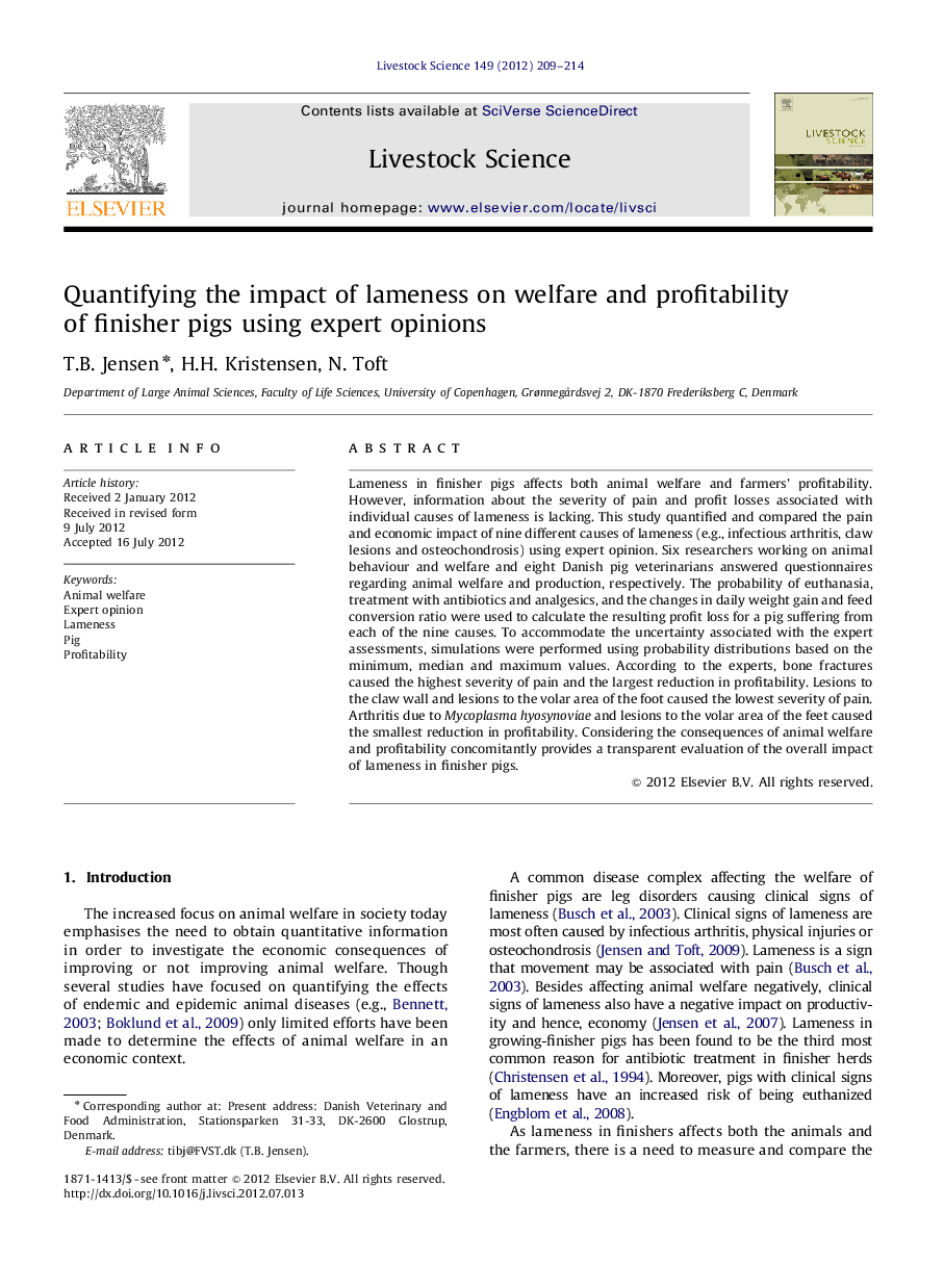 Quantifying the impact of lameness on welfare and profitability of finisher pigs using expert opinions