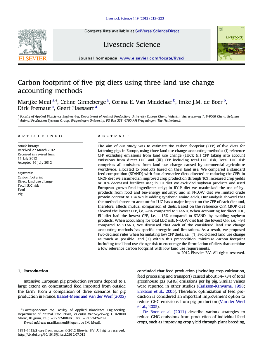 Carbon footprint of five pig diets using three land use change accounting methods