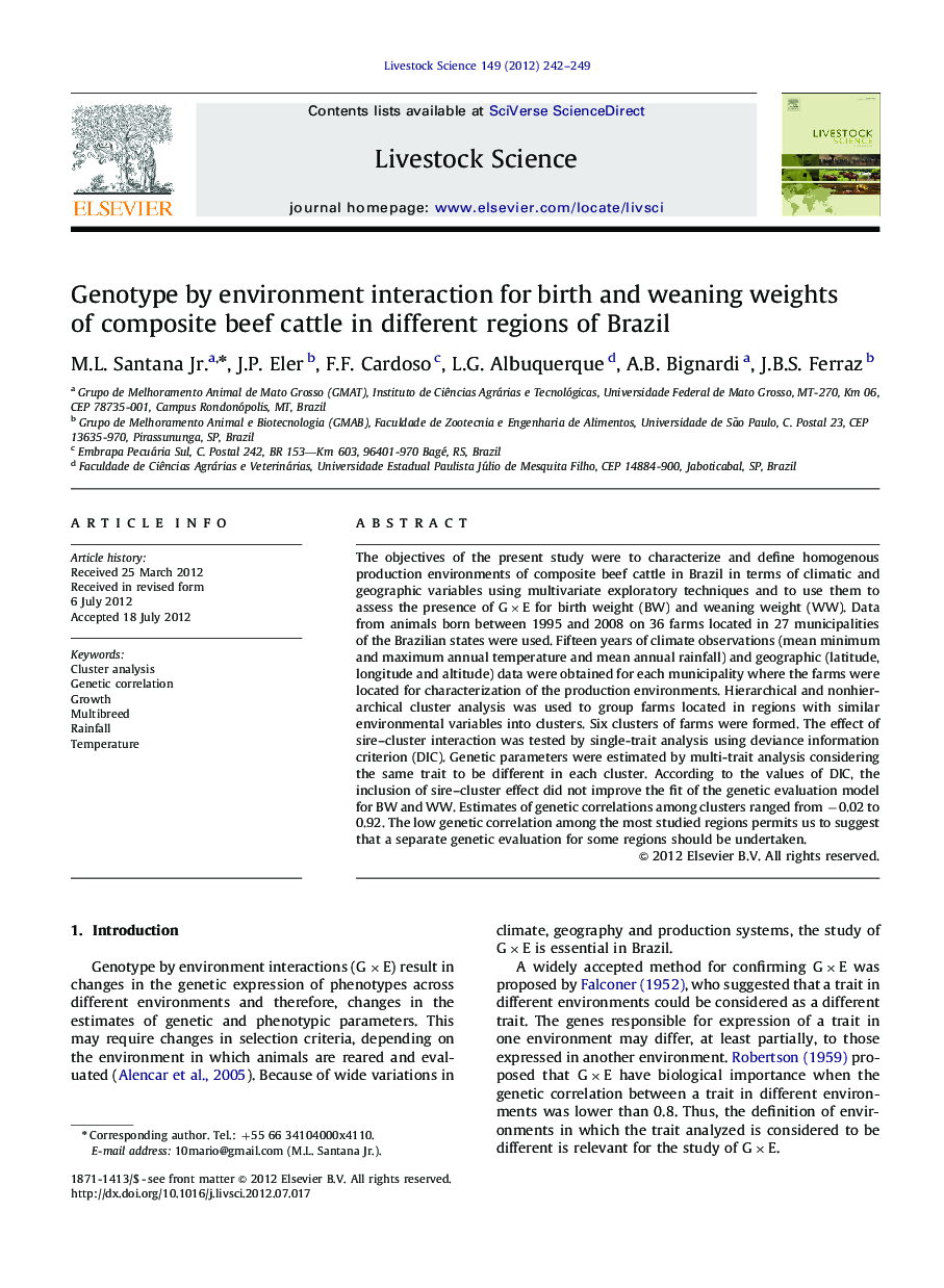 Genotype by environment interaction for birth and weaning weights of composite beef cattle in different regions of Brazil