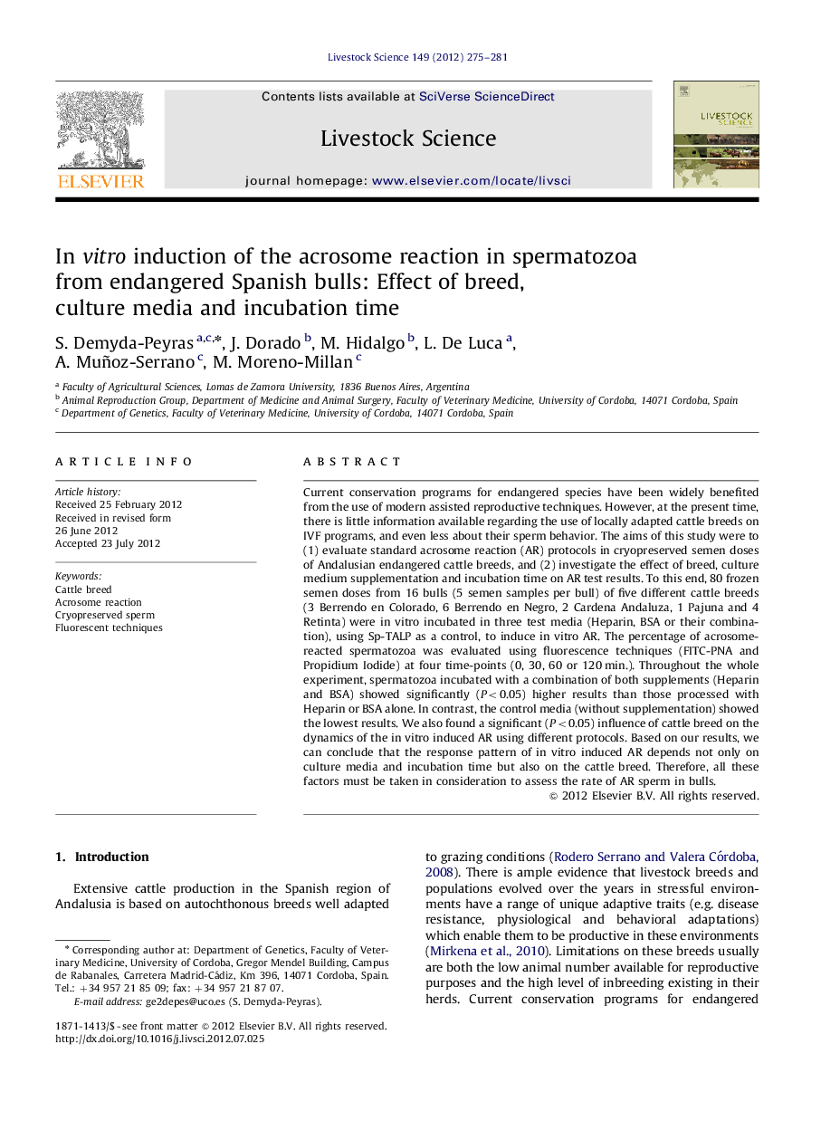 In vitro induction of the acrosome reaction in spermatozoa from endangered Spanish bulls: Effect of breed, culture media and incubation time