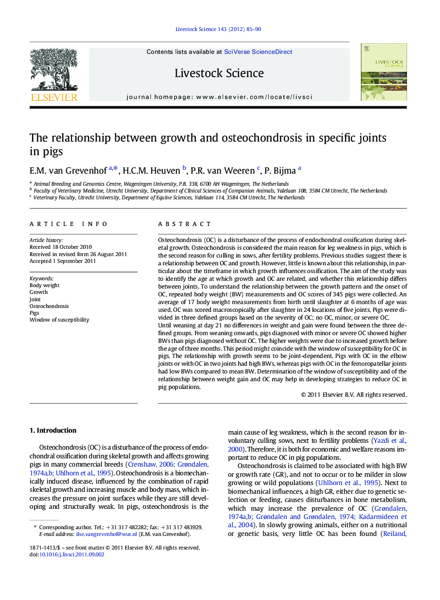 The relationship between growth and osteochondrosis in specific joints in pigs