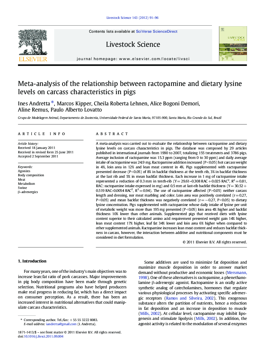 Meta-analysis of the relationship between ractopamine and dietary lysine levels on carcass characteristics in pigs