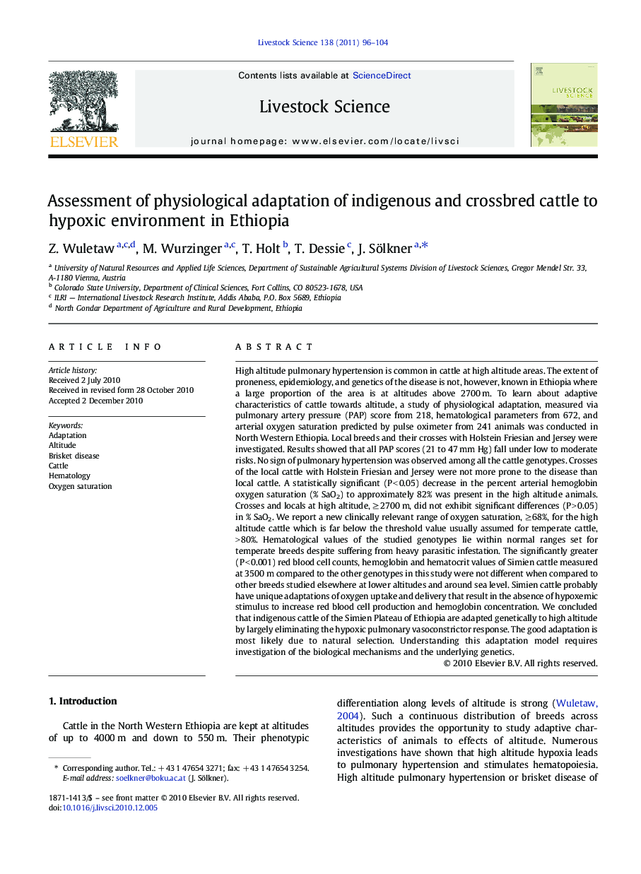 Assessment of physiological adaptation of indigenous and crossbred cattle to hypoxic environment in Ethiopia