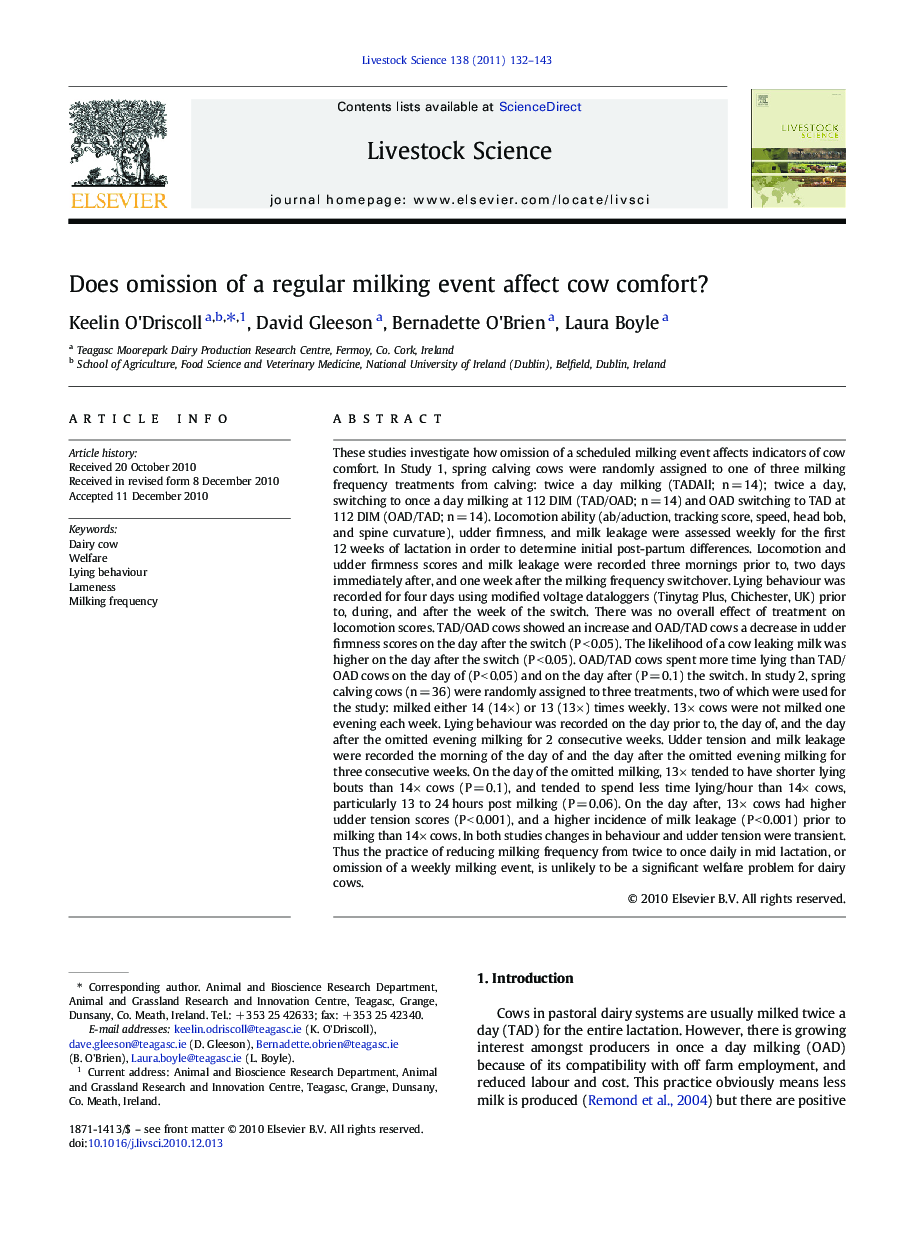 Does omission of a regular milking event affect cow comfort?