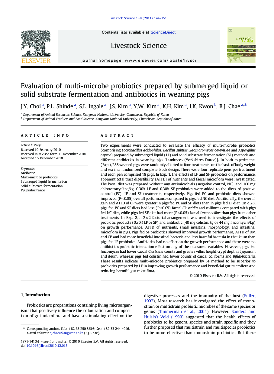 Evaluation of multi-microbe probiotics prepared by submerged liquid or solid substrate fermentation and antibiotics in weaning pigs