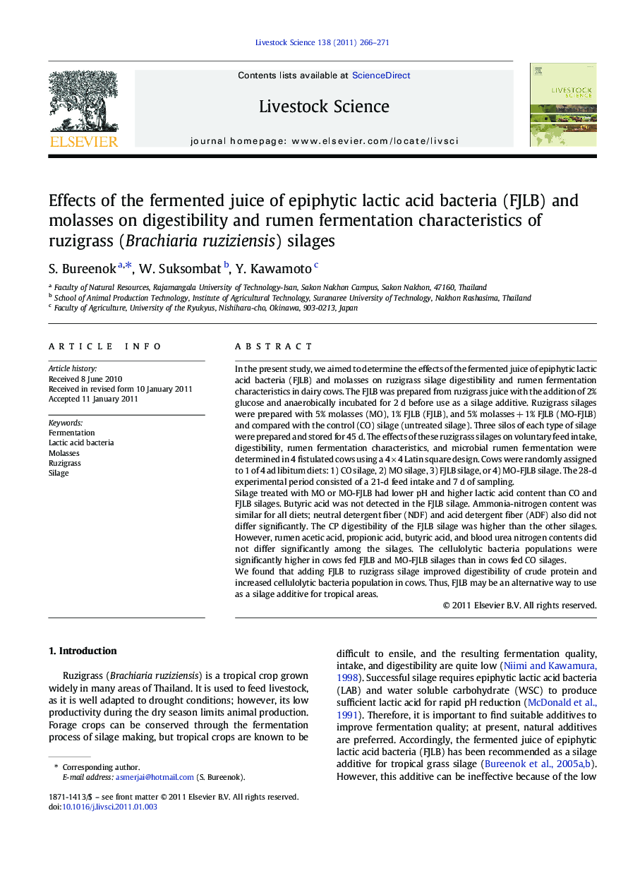 Effects of the fermented juice of epiphytic lactic acid bacteria (FJLB) and molasses on digestibility and rumen fermentation characteristics of ruzigrass (Brachiaria ruziziensis) silages