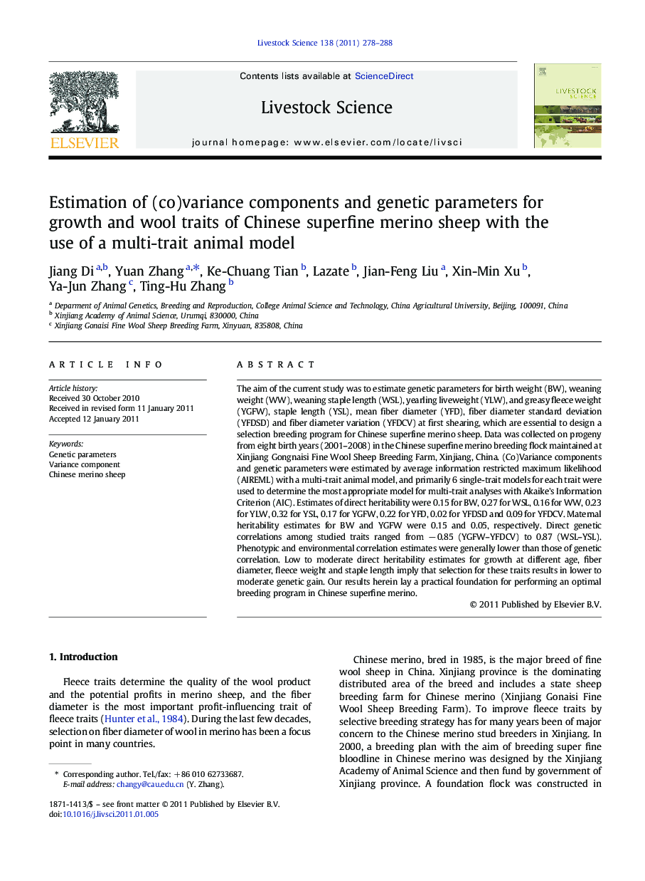 Estimation of (co)variance components and genetic parameters for growth and wool traits of Chinese superfine merino sheep with the use of a multi-trait animal model