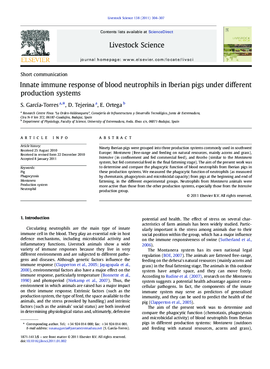 Innate immune response of blood neutrophils in Iberian pigs under different production systems