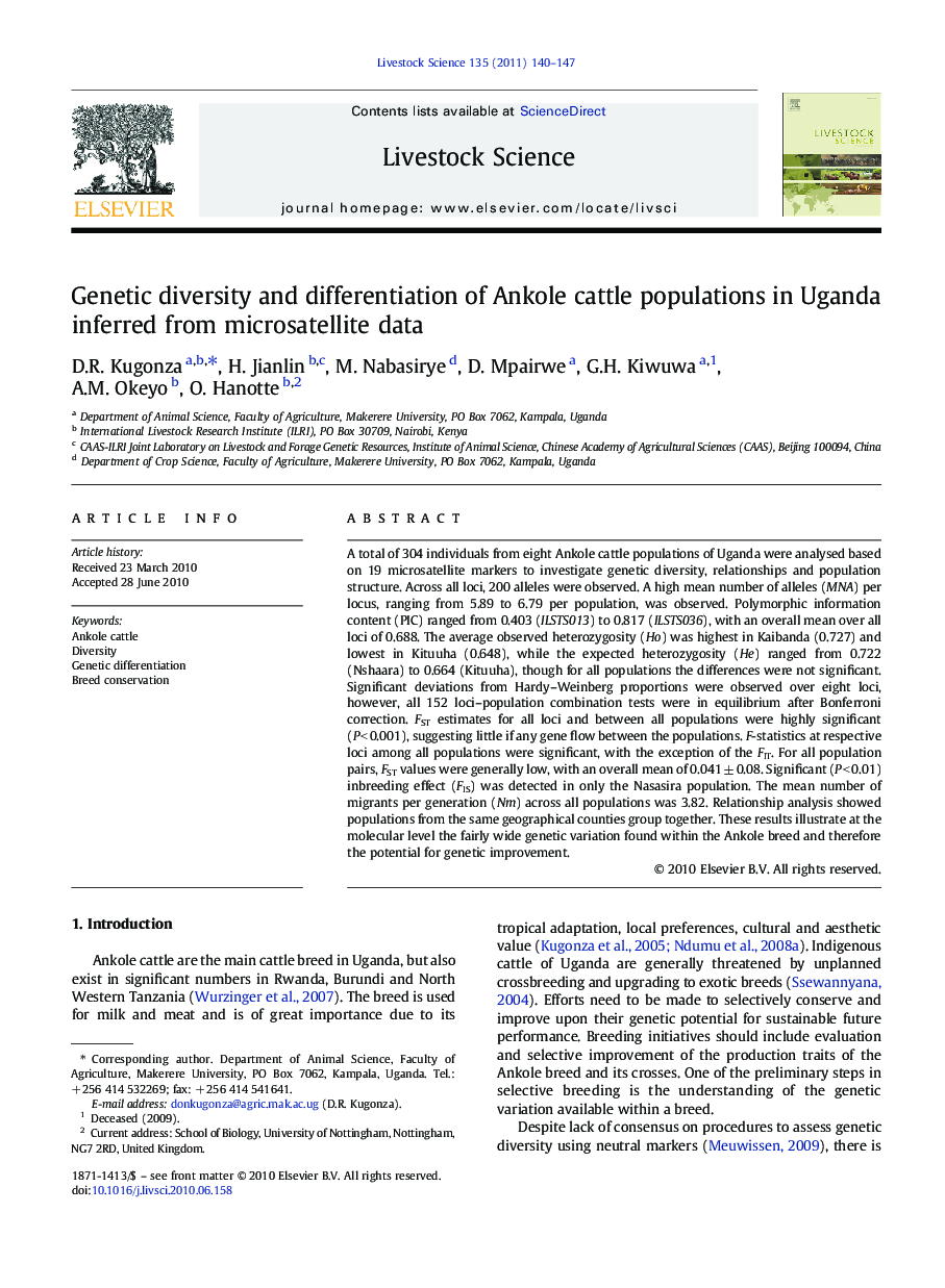 عکس صفحه اول مقاله: Genetic diversity and differentiation of Ankole cattle populations in Uganda inferred from microsatellite data Genetic diversity and differentiation of Ankole cattle populations in Uganda inferred from microsatellite data