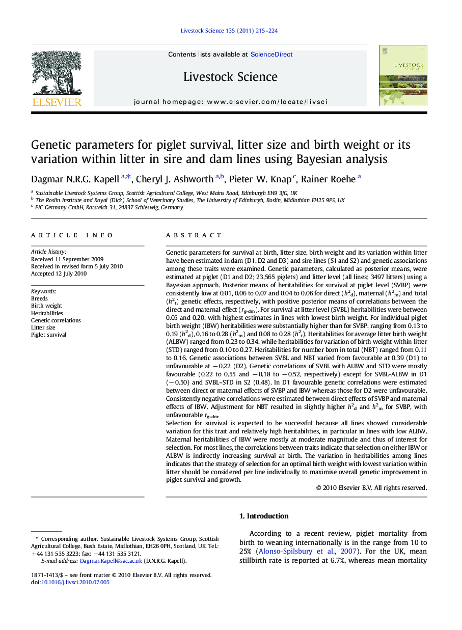 Genetic parameters for piglet survival, litter size and birth weight or its variation within litter in sire and dam lines using Bayesian analysis