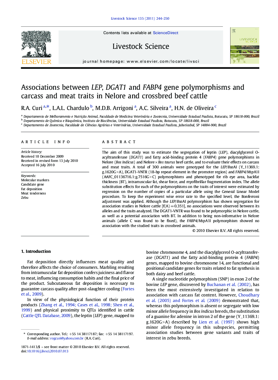 Associations between LEP, DGAT1 and FABP4 gene polymorphisms and carcass and meat traits in Nelore and crossbred beef cattle