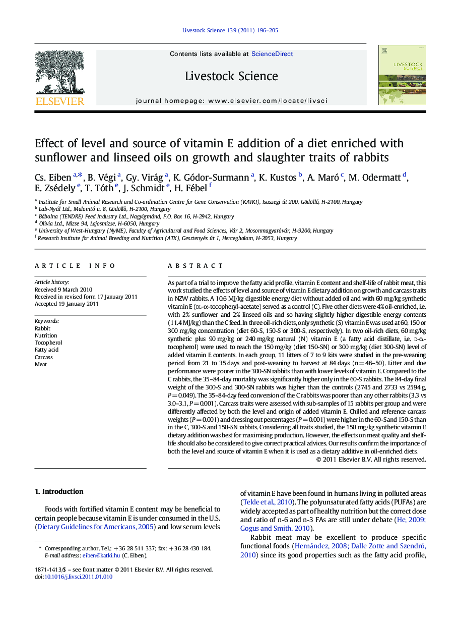 Effect of level and source of vitamin E addition of a diet enriched with sunflower and linseed oils on growth and slaughter traits of rabbits