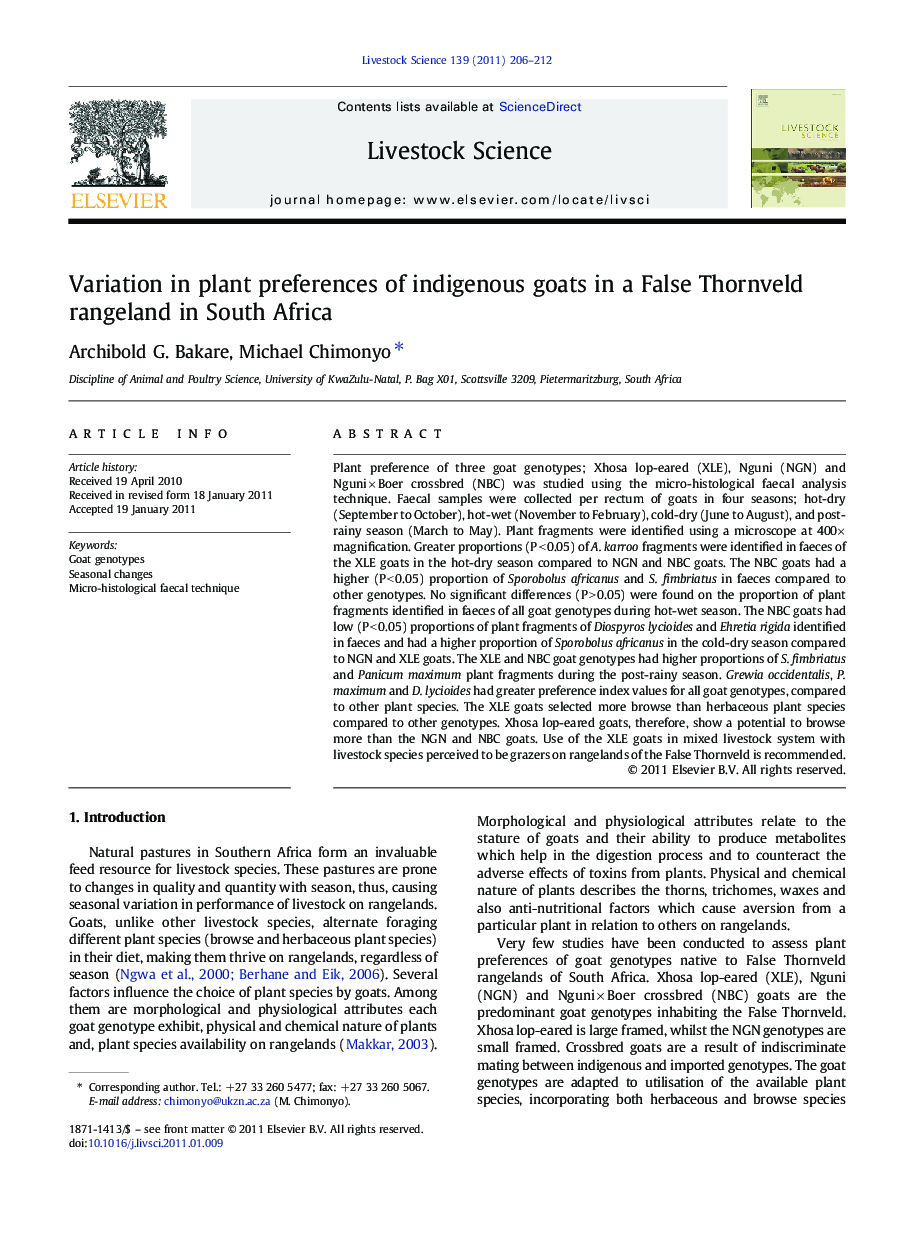 Variation in plant preferences of indigenous goats in a False Thornveld rangeland in South Africa