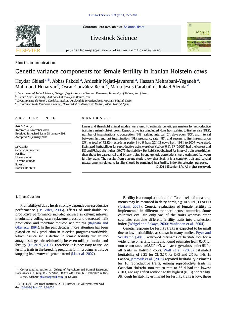 Genetic variance components for female fertility in Iranian Holstein cows