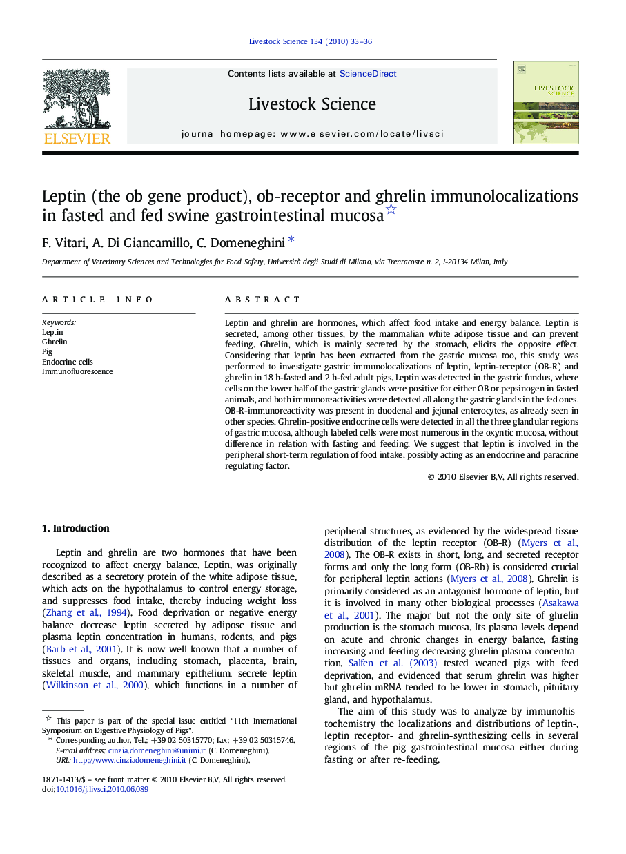 Leptin (the ob gene product), ob-receptor and ghrelin immunolocalizations in fasted and fed swine gastrointestinal mucosa 