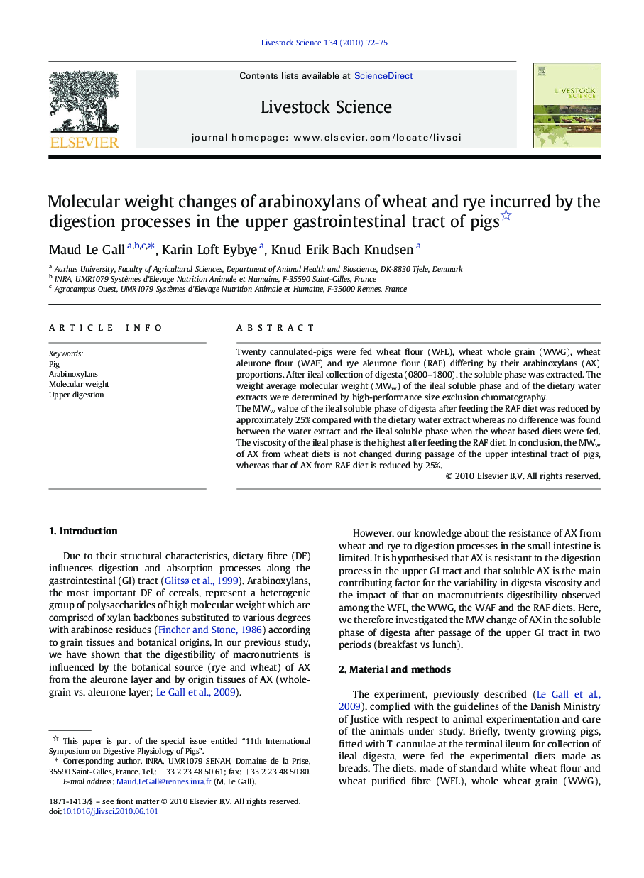 Molecular weight changes of arabinoxylans of wheat and rye incurred by the digestion processes in the upper gastrointestinal tract of pigs 