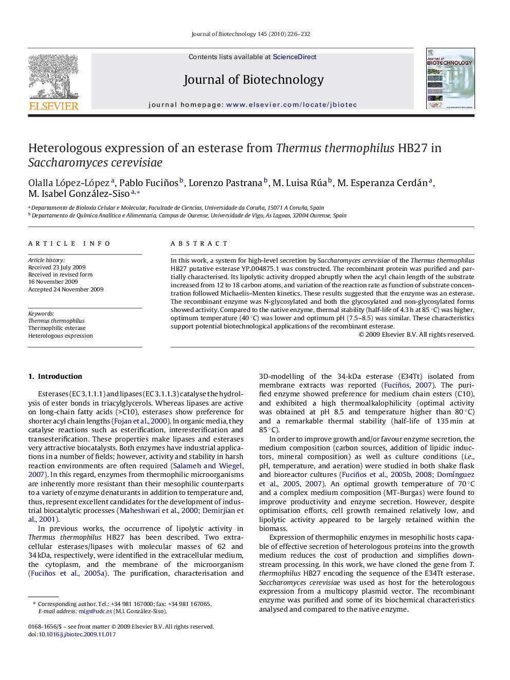 Heterologous expression of an esterase from Thermus thermophilus HB27 in Saccharomyces cerevisiae