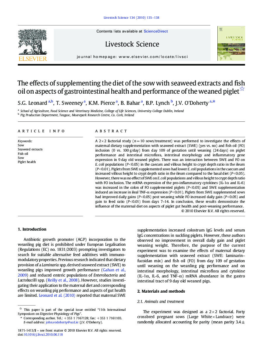 The effects of supplementing the diet of the sow with seaweed extracts and fish oil on aspects of gastrointestinal health and performance of the weaned piglet 