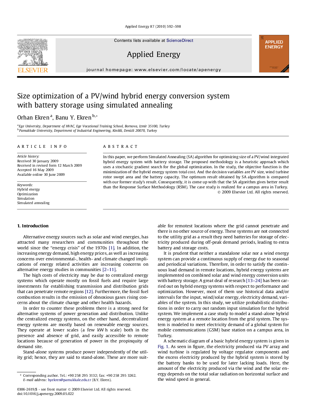 Size optimization of a PV/wind hybrid energy conversion system with battery storage using simulated annealing