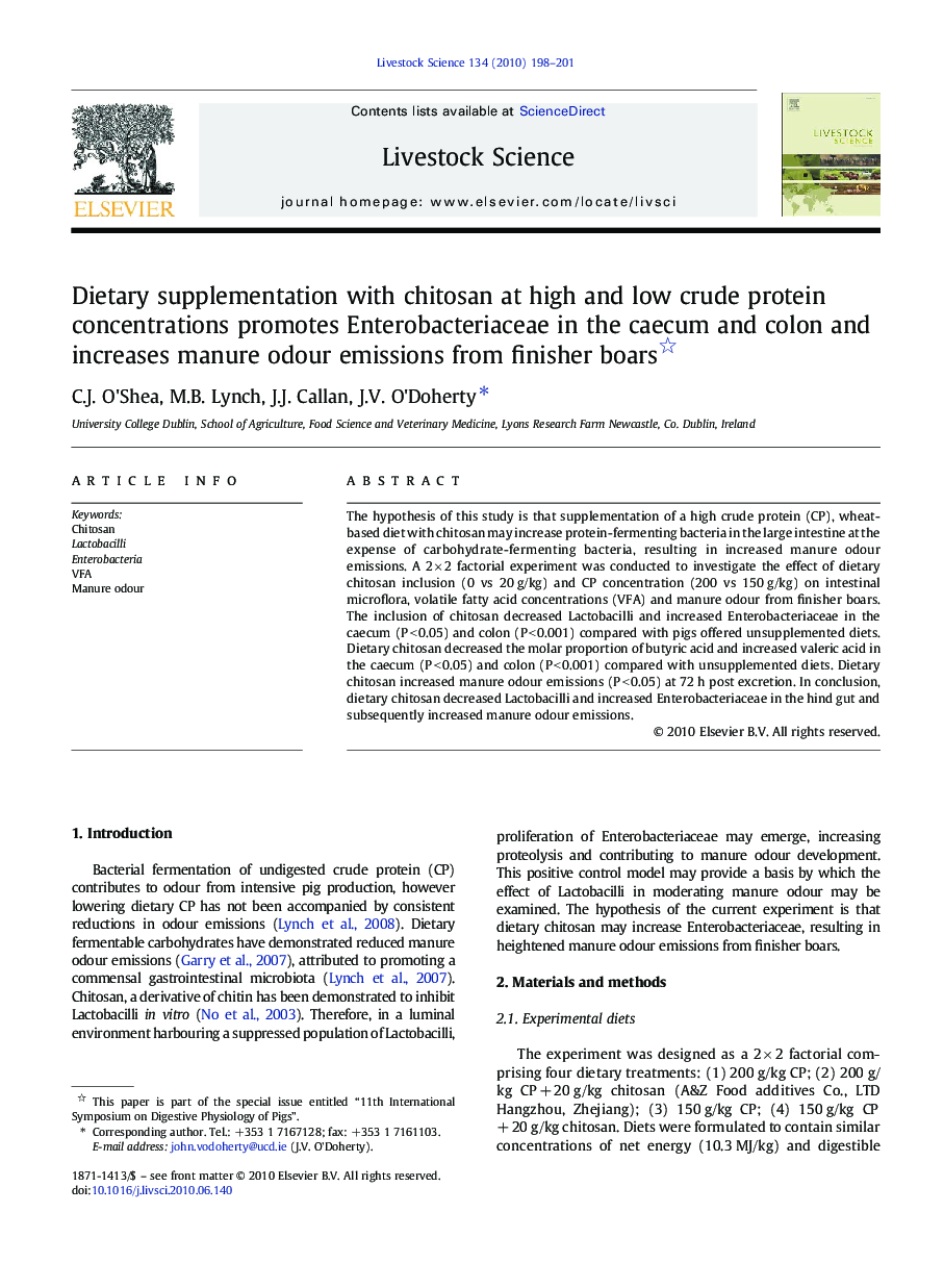 Dietary supplementation with chitosan at high and low crude protein concentrations promotes Enterobacteriaceae in the caecum and colon and increases manure odour emissions from finisher boars 