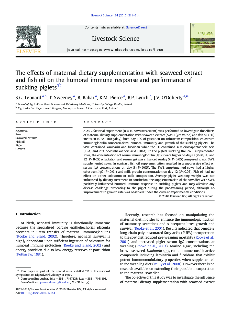 The effects of maternal dietary supplementation with seaweed extract and fish oil on the humoral immune response and performance of suckling piglets 