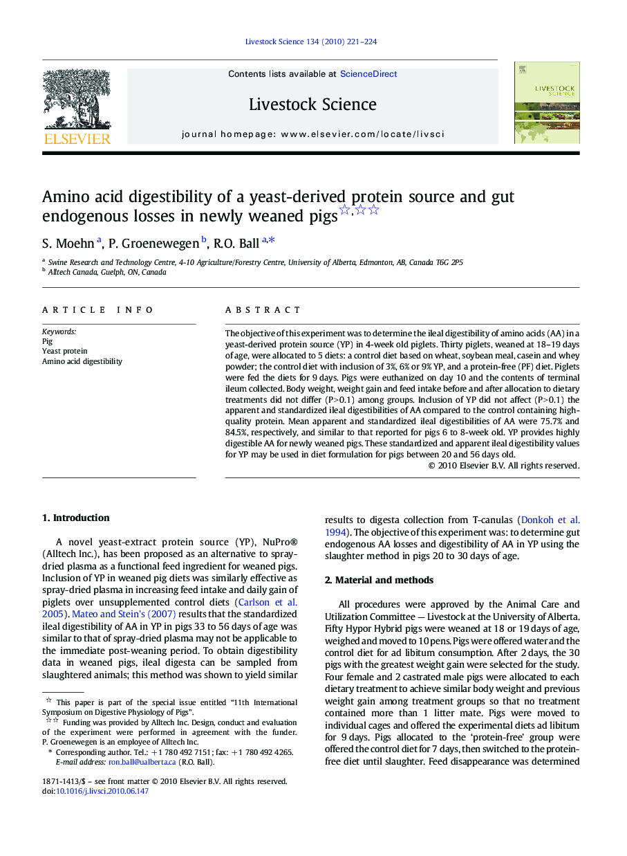 Amino acid digestibility of a yeast-derived protein source and gut endogenous losses in newly weaned pigs 