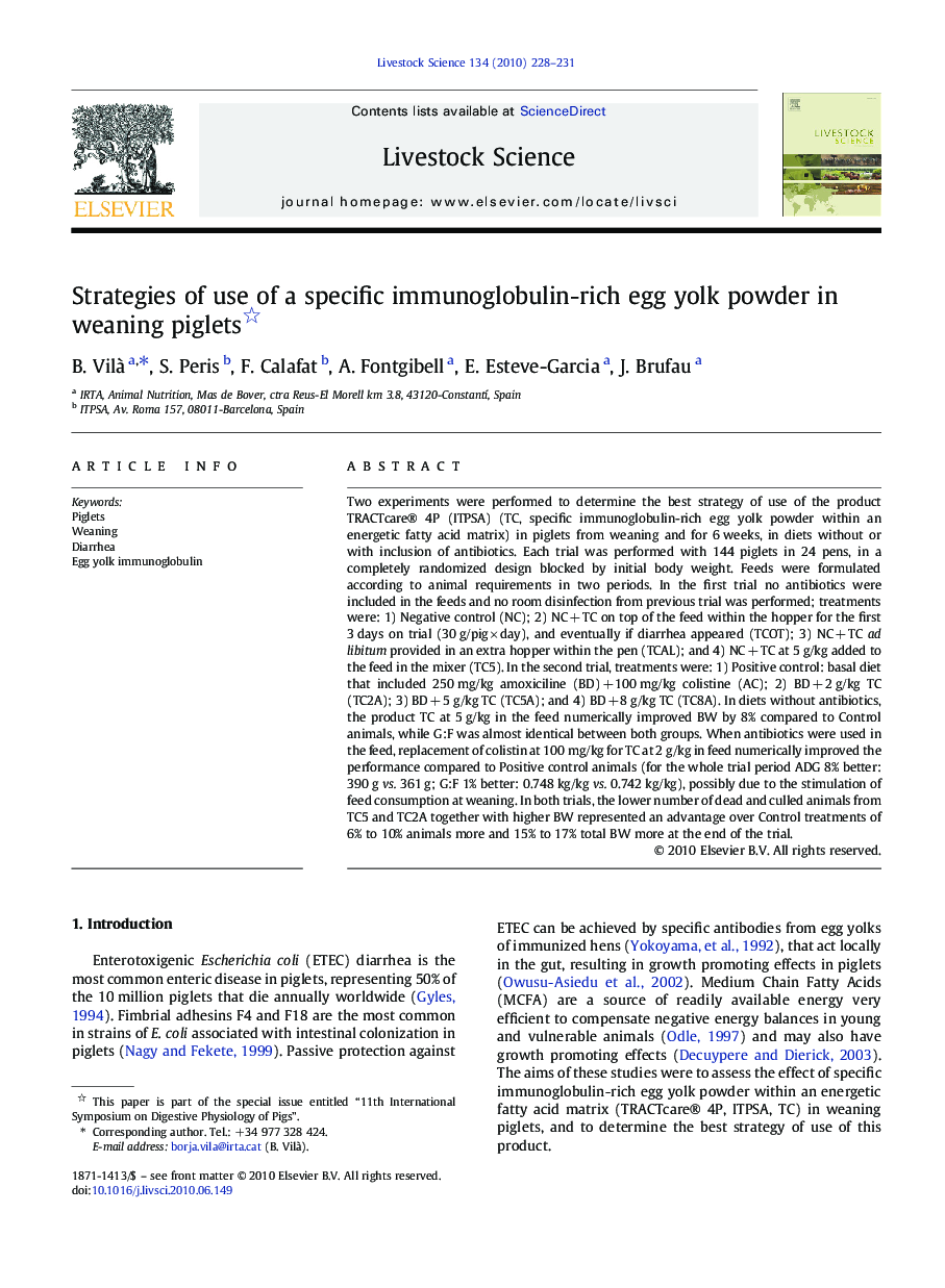 Strategies of use of a specific immunoglobulin-rich egg yolk powder in weaning piglets 