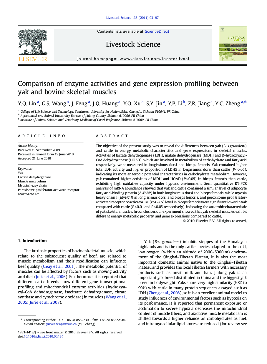 Comparison of enzyme activities and gene expression profiling between yak and bovine skeletal muscles