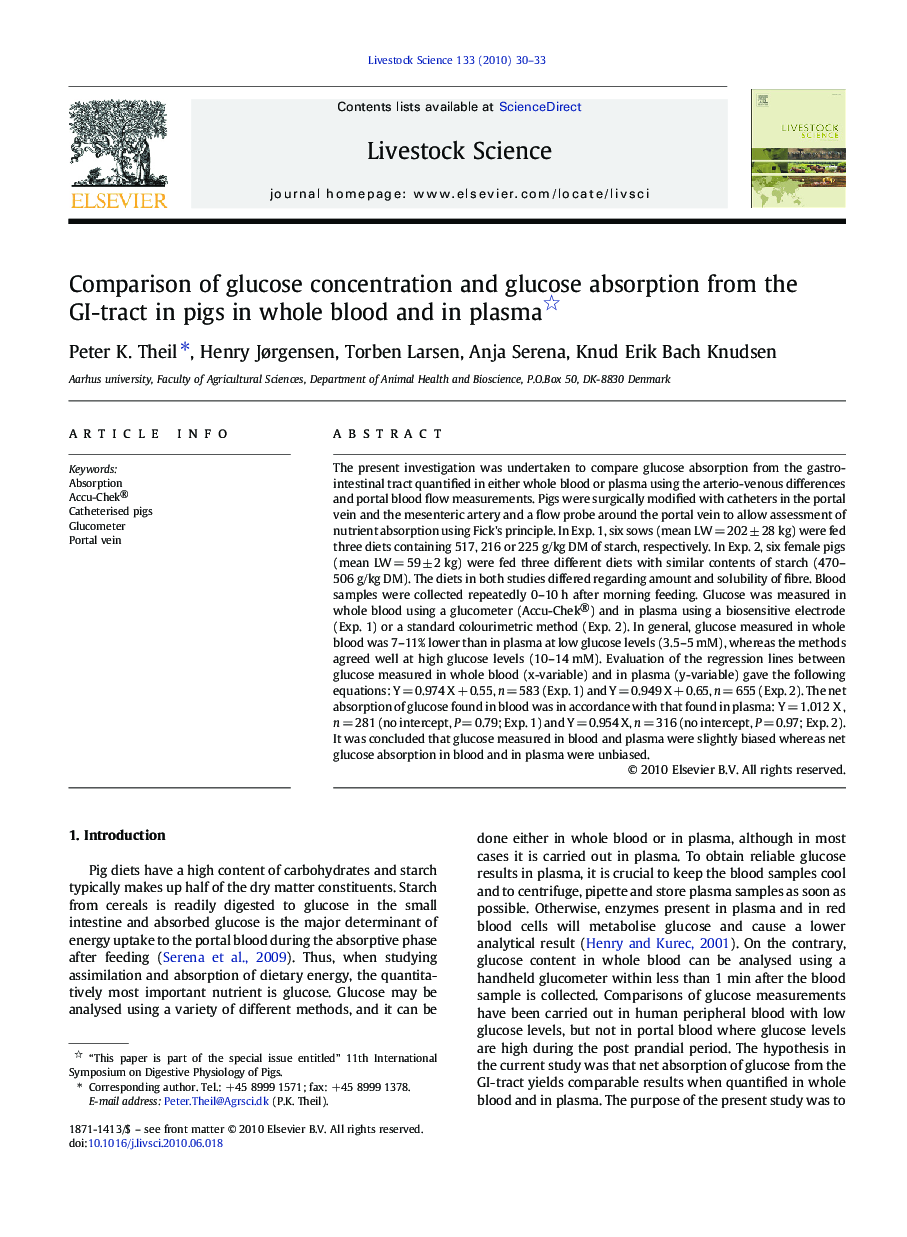 Comparison of glucose concentration and glucose absorption from the GI-tract in pigs in whole blood and in plasma 