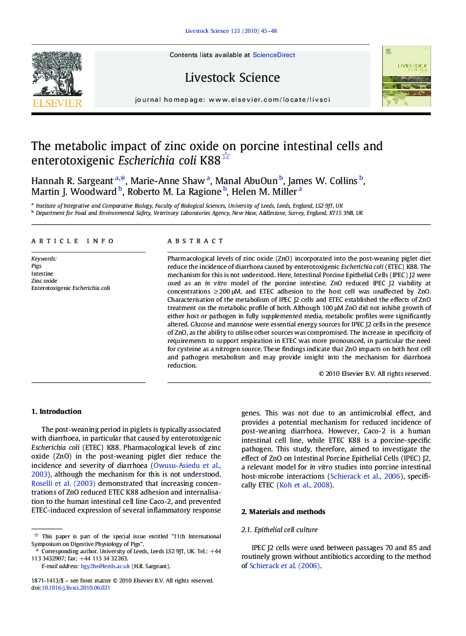 The metabolic impact of zinc oxide on porcine intestinal cells and enterotoxigenic Escherichia coli K88 