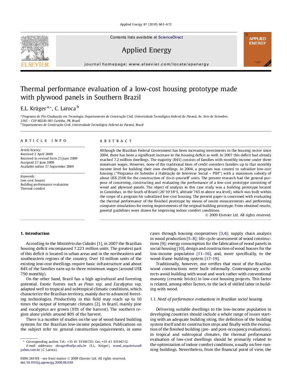 Thermal performance evaluation of a low-cost housing prototype made with plywood panels in Southern Brazil