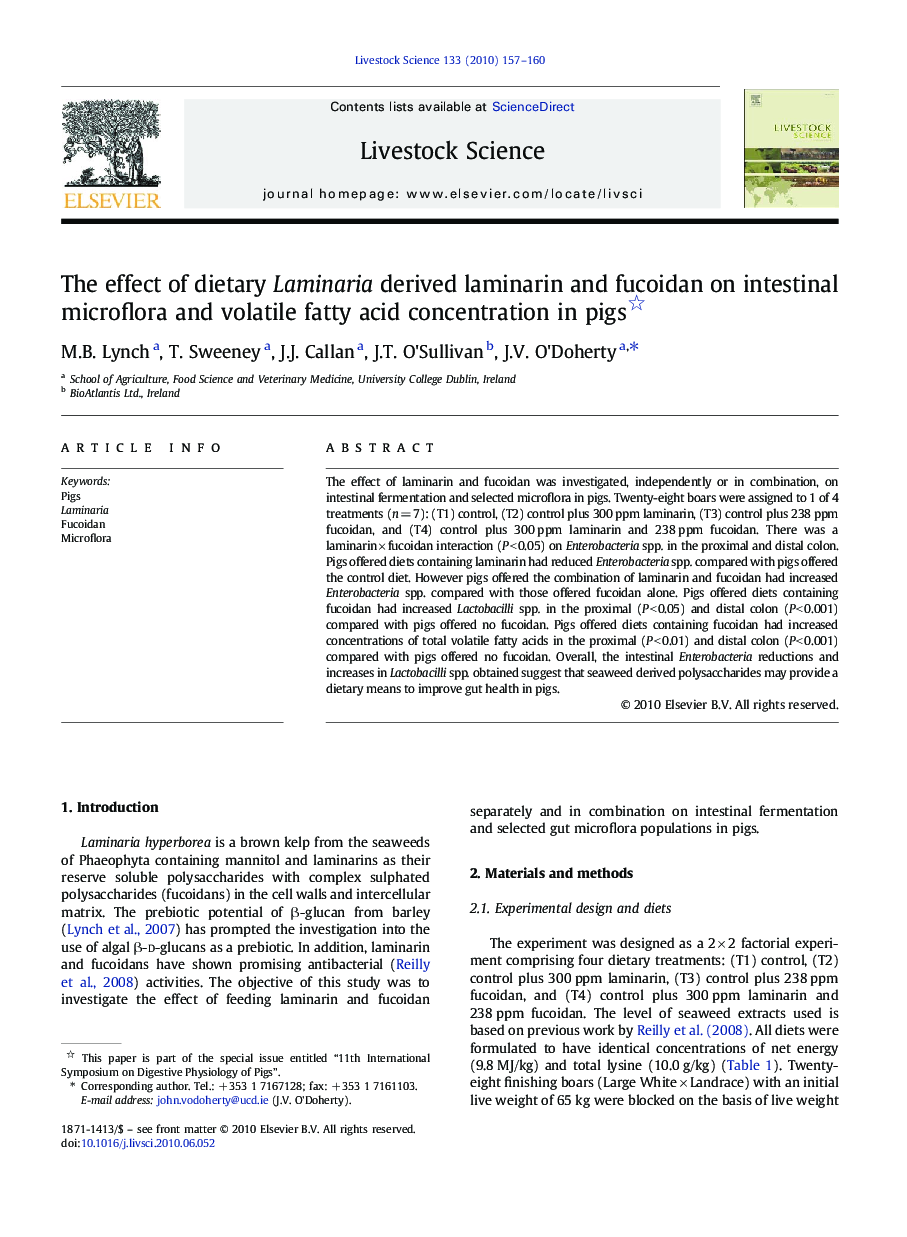 The effect of dietary Laminaria derived laminarin and fucoidan on intestinal microflora and volatile fatty acid concentration in pigs 