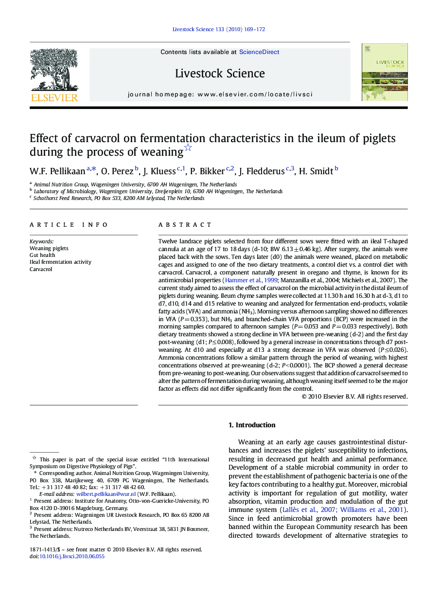 Effect of carvacrol on fermentation characteristics in the ileum of piglets during the process of weaning 