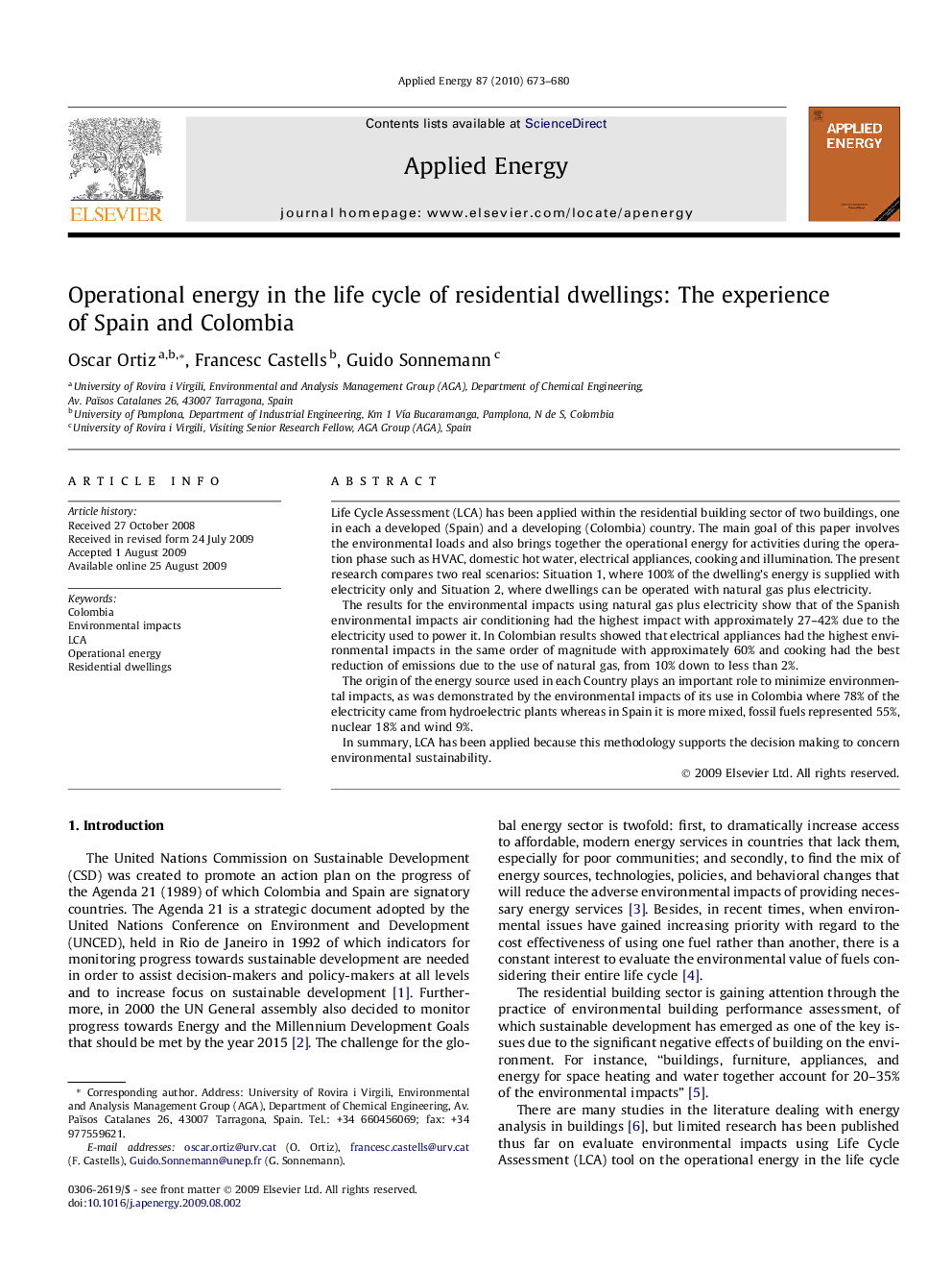 Operational energy in the life cycle of residential dwellings: The experience of Spain and Colombia