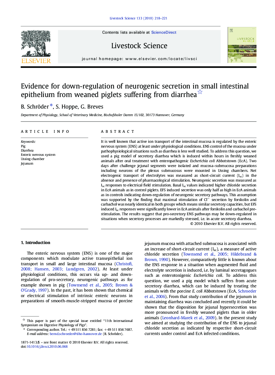 Evidence for down-regulation of neurogenic secretion in small intestinal epithelium from weaned piglets suffering from diarrhea 