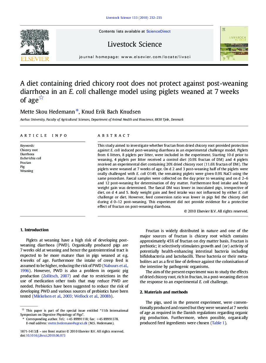 A diet containing dried chicory root does not protect against post-weaning diarrhoea in an E. coli challenge model using piglets weaned at 7 weeks of age 