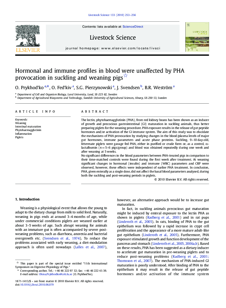 Hormonal and immune profiles in blood were unaffected by PHA provocation in suckling and weaning pigs 