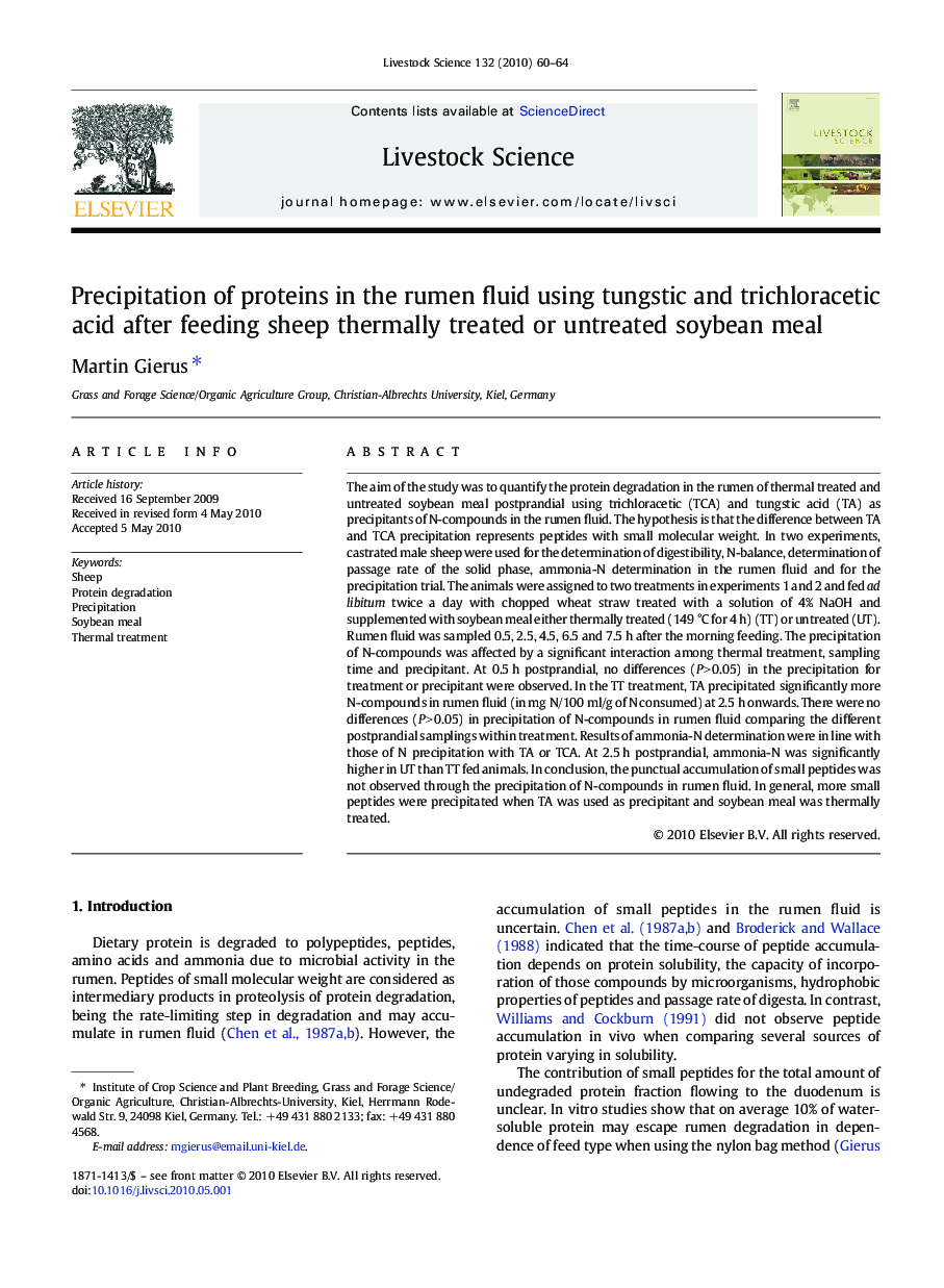 Precipitation of proteins in the rumen fluid using tungstic and trichloracetic acid after feeding sheep thermally treated or untreated soybean meal