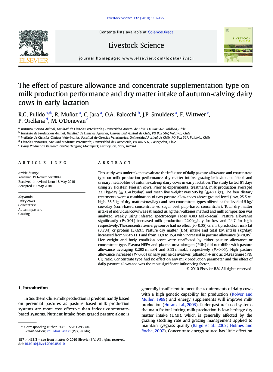 The effect of pasture allowance and concentrate supplementation type on milk production performance and dry matter intake of autumn-calving dairy cows in early lactation