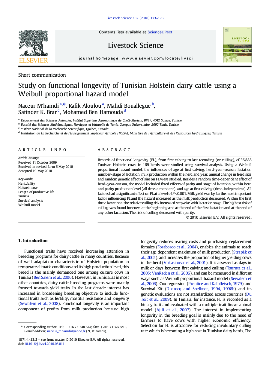 Study on functional longevity of Tunisian Holstein dairy cattle using a Weibull proportional hazard model