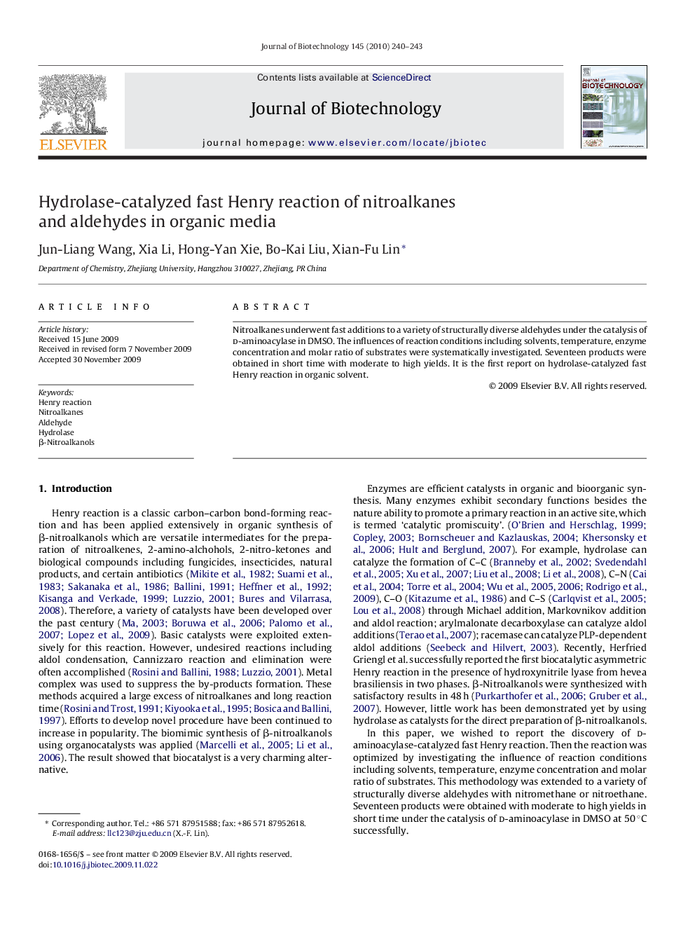 Hydrolase-catalyzed fast Henry reaction of nitroalkanes and aldehydes in organic media