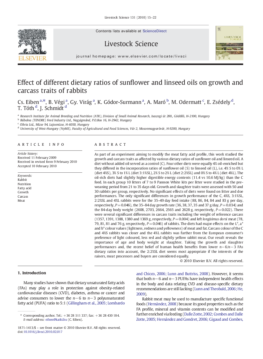 Effect of different dietary ratios of sunflower and linseed oils on growth and carcass traits of rabbits