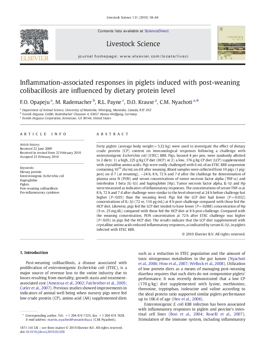 Inflammation-associated responses in piglets induced with post-weaning colibacillosis are influenced by dietary protein level