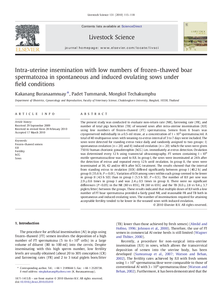 Intra-uterine insemination with low numbers of frozen–thawed boar spermatozoa in spontaneous and induced ovulating sows under field conditions