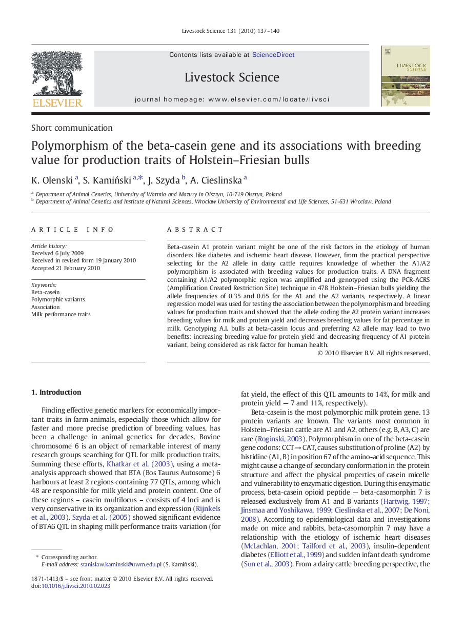 Polymorphism of the beta-casein gene and its associations with breeding value for production traits of Holstein–Friesian bulls