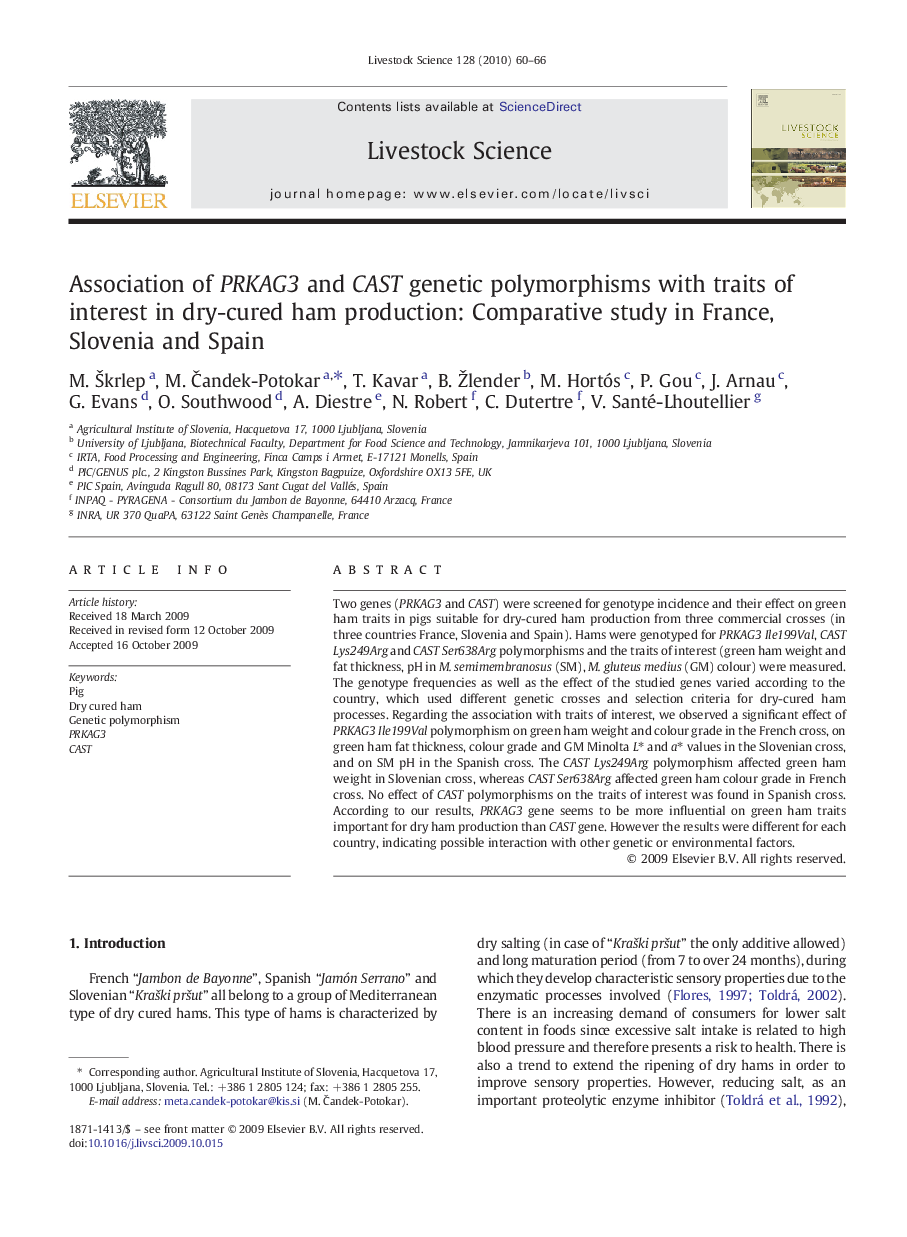 Association of PRKAG3 and CAST genetic polymorphisms with traits of interest in dry-cured ham production: Comparative study in France, Slovenia and Spain