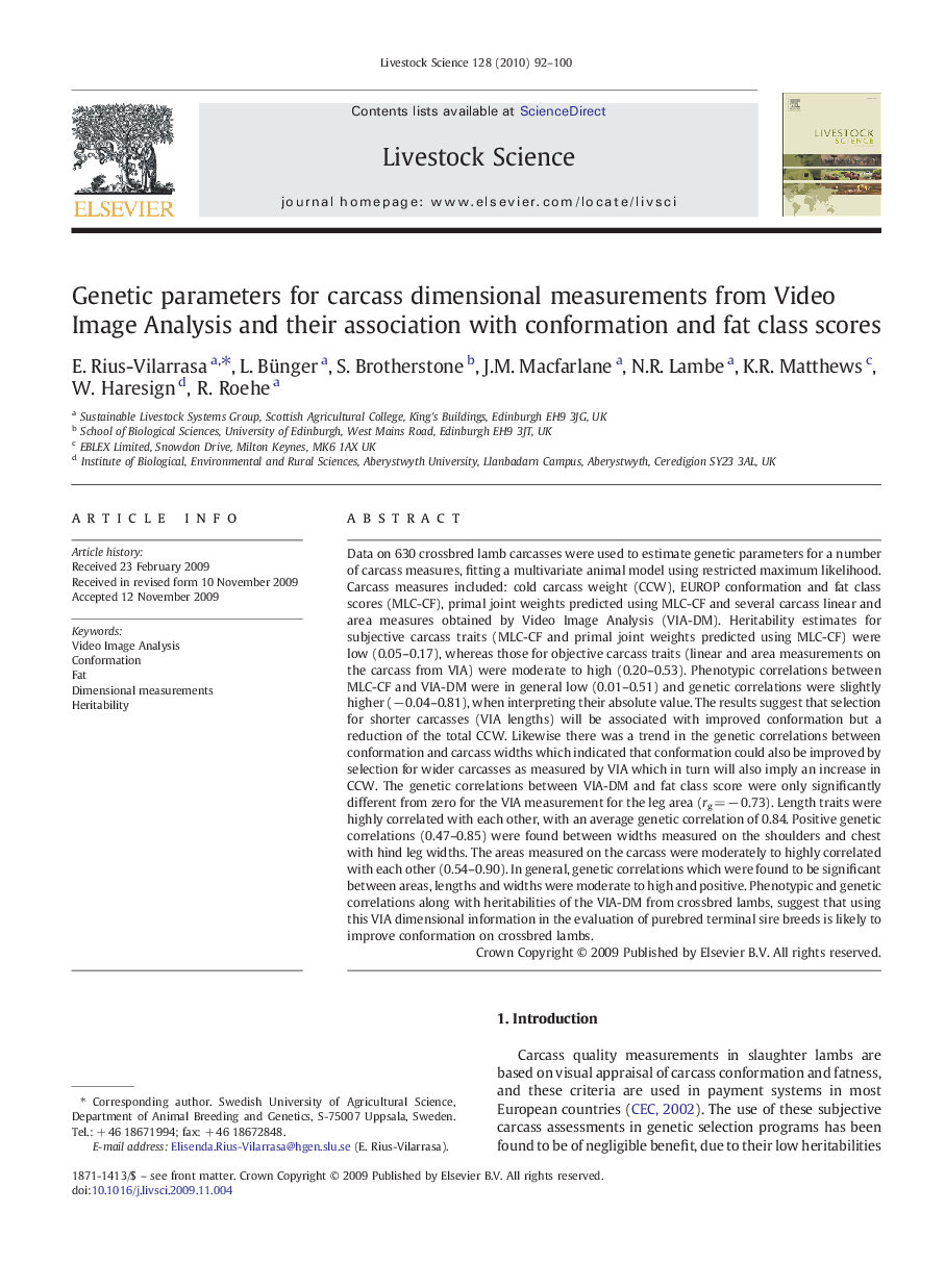 Genetic parameters for carcass dimensional measurements from Video Image Analysis and their association with conformation and fat class scores